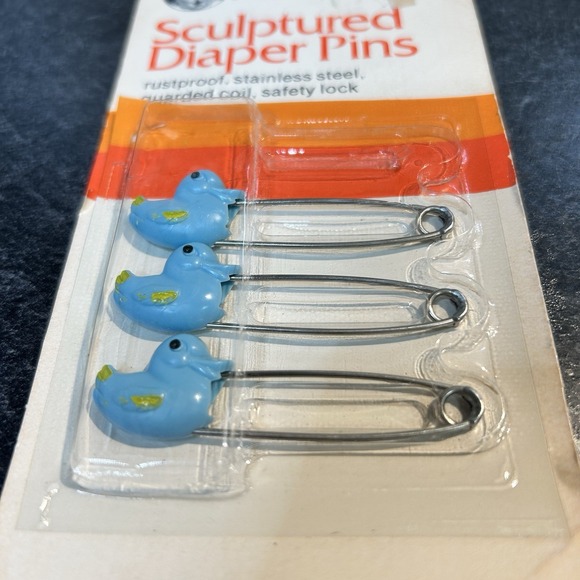 3- Vintage Gerber Stainless Steel Safety Sculpted Diaper Pins Blue Ducks - Picture 2 of 5